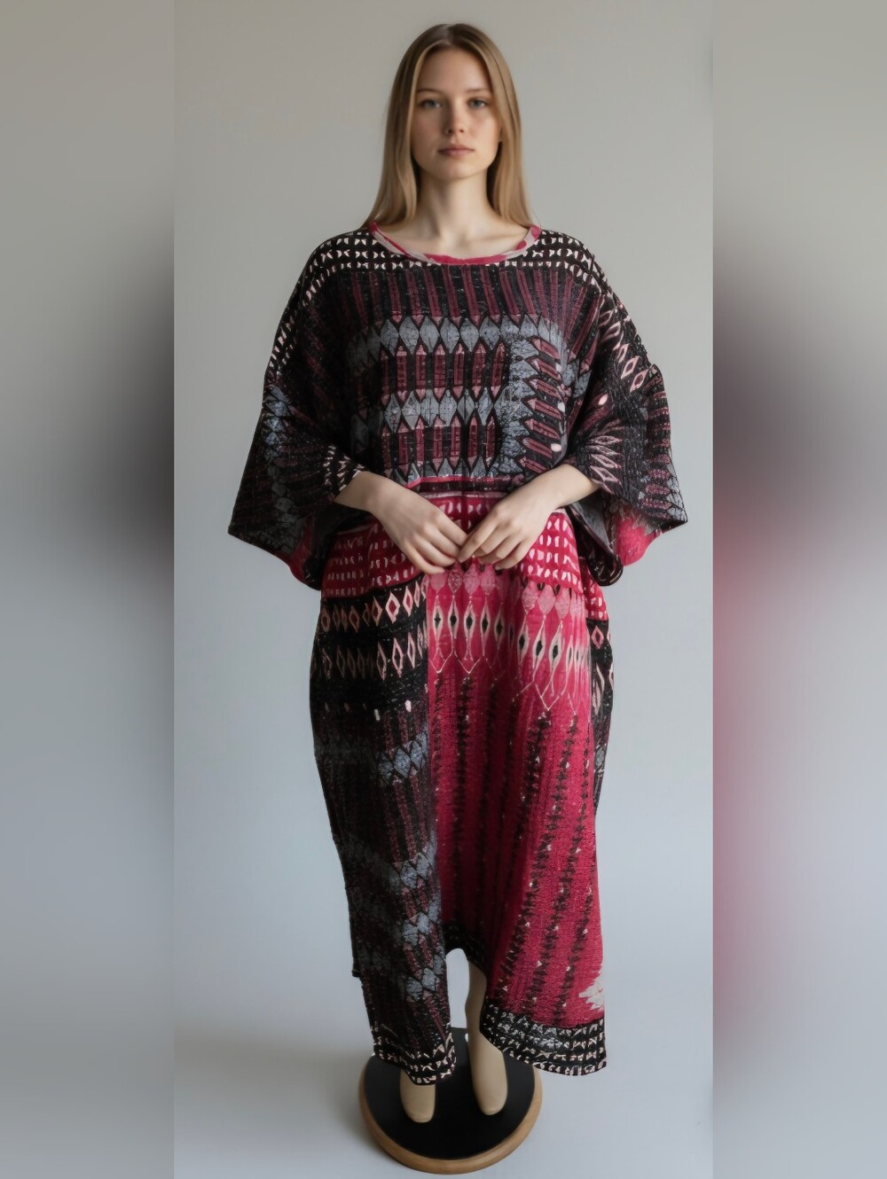 KANTHA Print Maxi Dress in Wine and Black